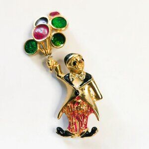 Vintage Circus Hobo Clown Brooch Pin With Enamel Balloons Gold-Tone Finish 3"